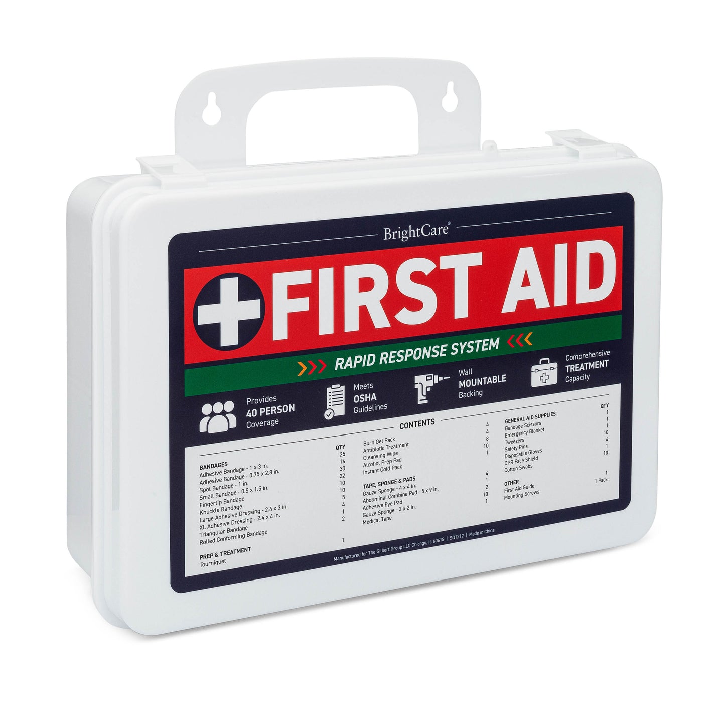 First aid kit for facility from side angle