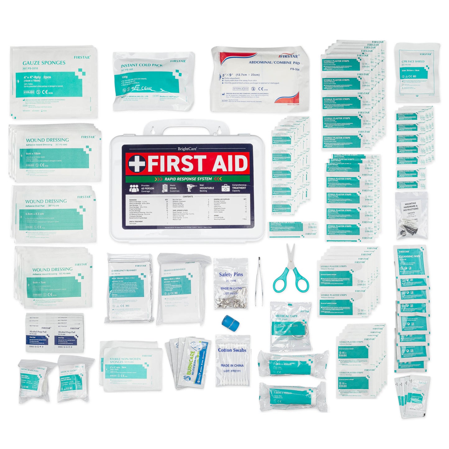 First aid kit for business with all items laid out