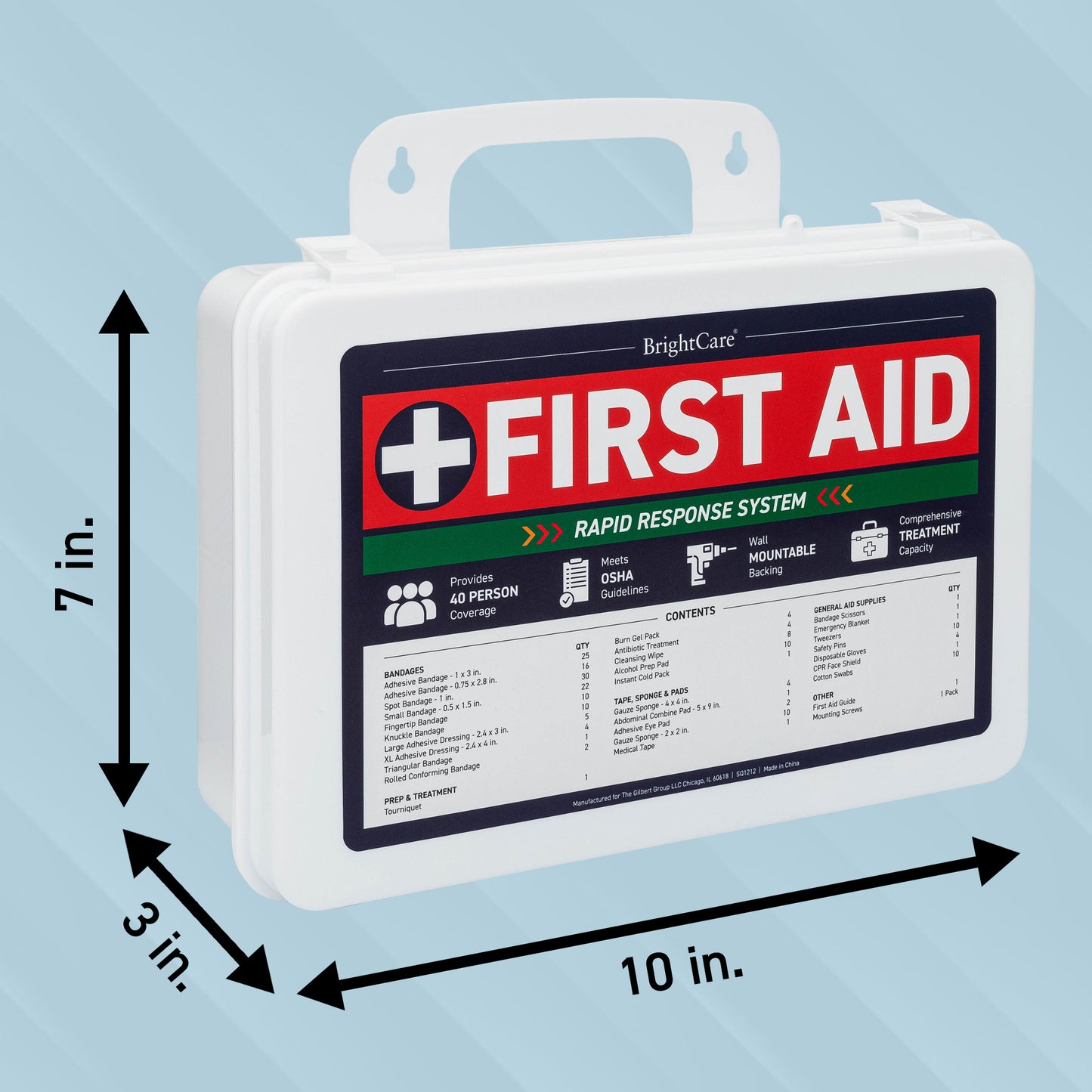 First aid kit for restaurant shown with sizes of sides
