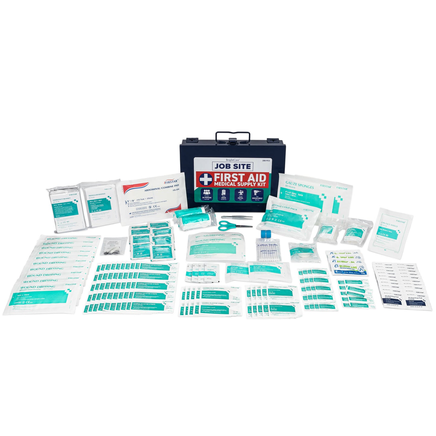 First Aid Kit for Job Site with contents laid out
