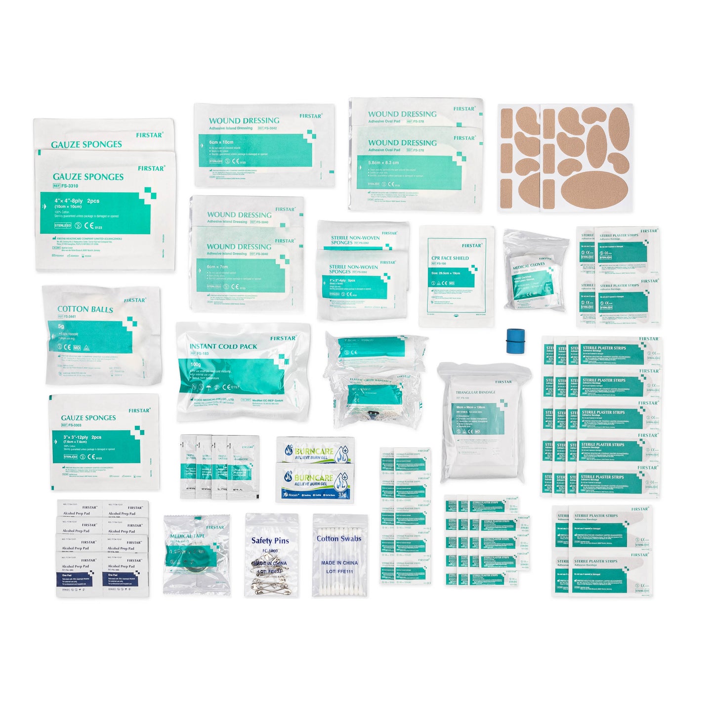 First Aid Kit Refill Replacement items shown laid out individually with white background
