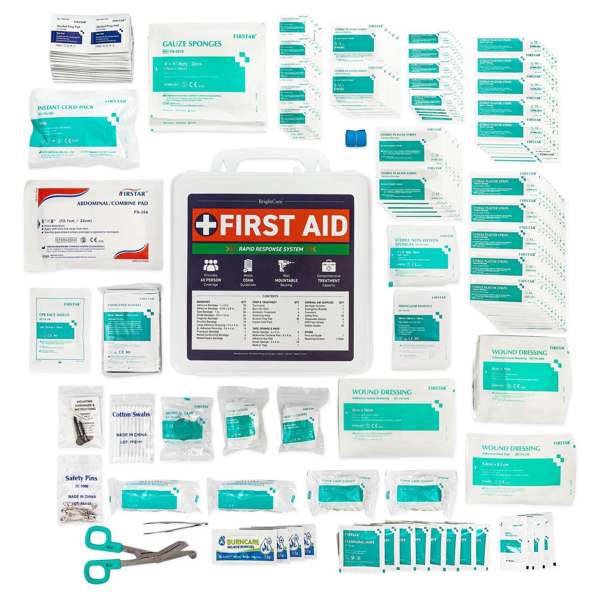 First Aid Kit for facility with all pieces laid out
