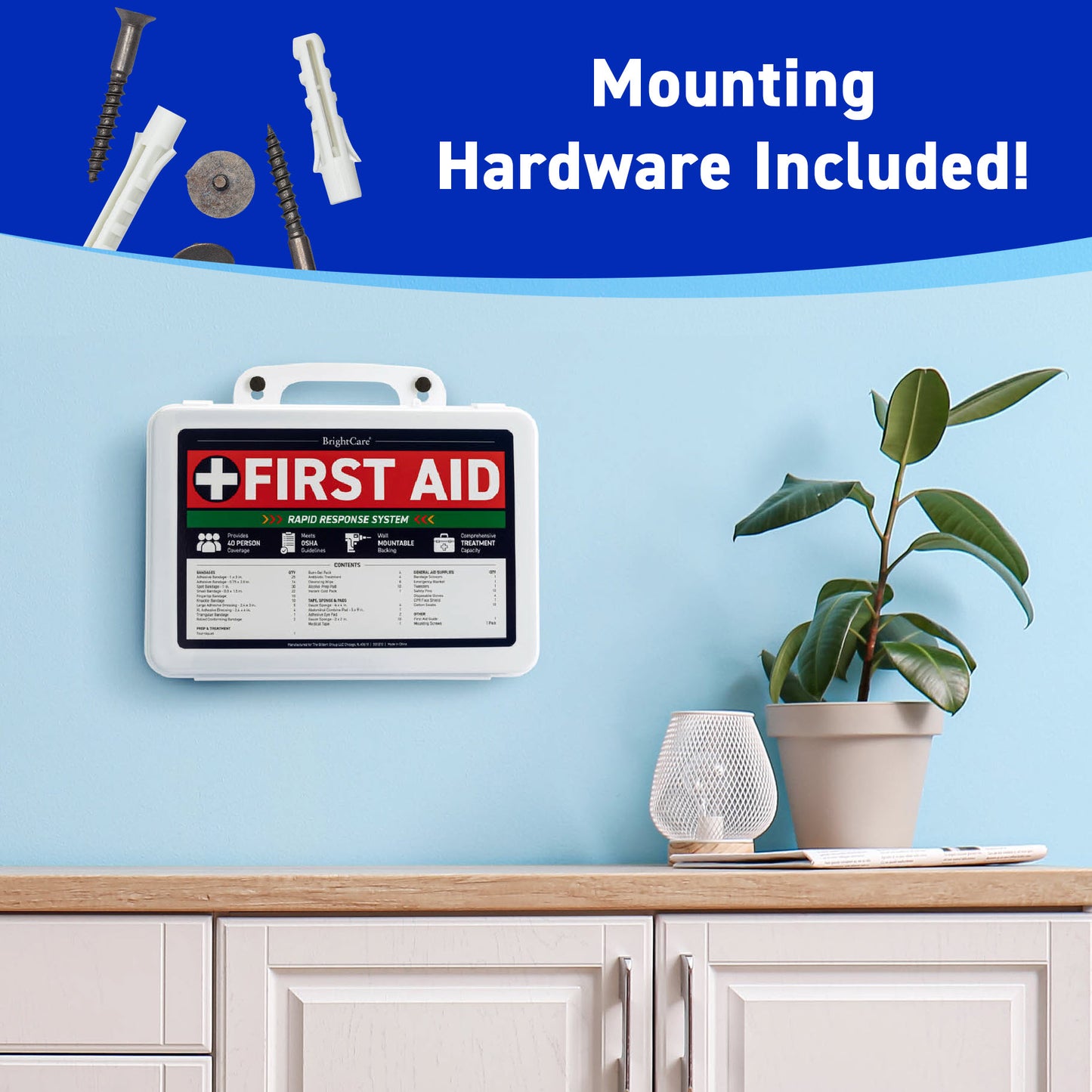 First aid kit on the wall with screws and wall plugs