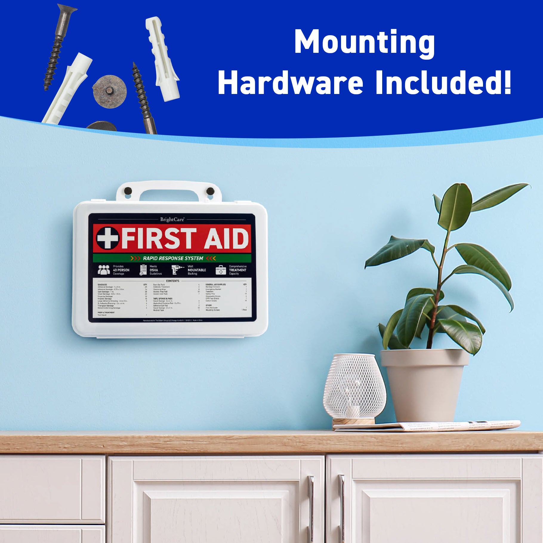 First aid kit on the wall with screws and wall plugs