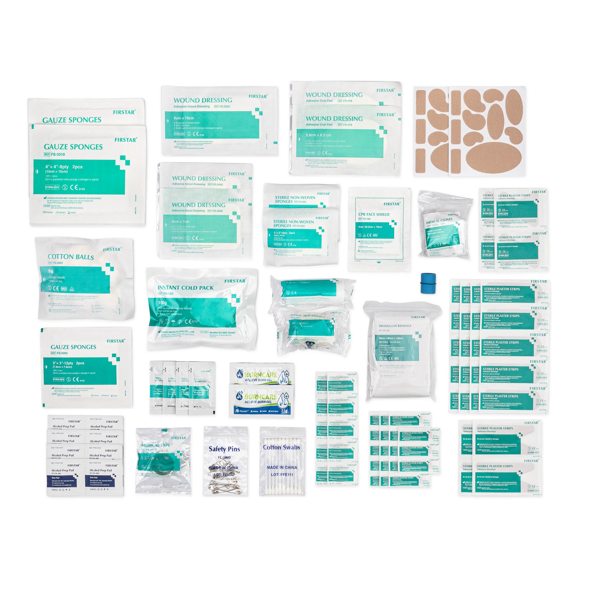 First Aid Kit Refill Replacement items shown laid out individually with white background