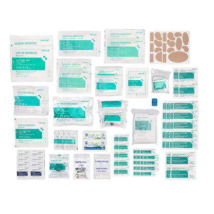 First Aid Kit Refill Replacement items shown laid out individually with white background